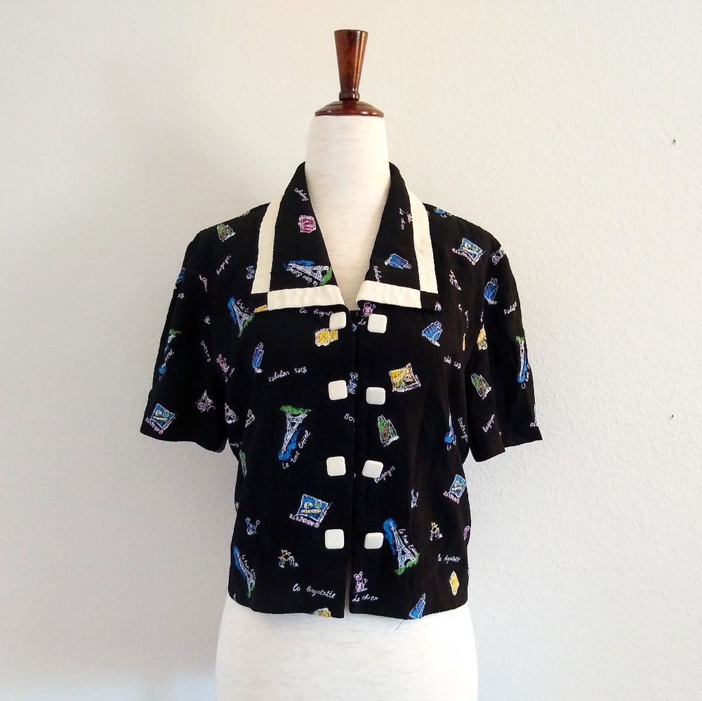 90s Vintage Paris Novelty Print Cropped Blouse by Perceptions by Irene B